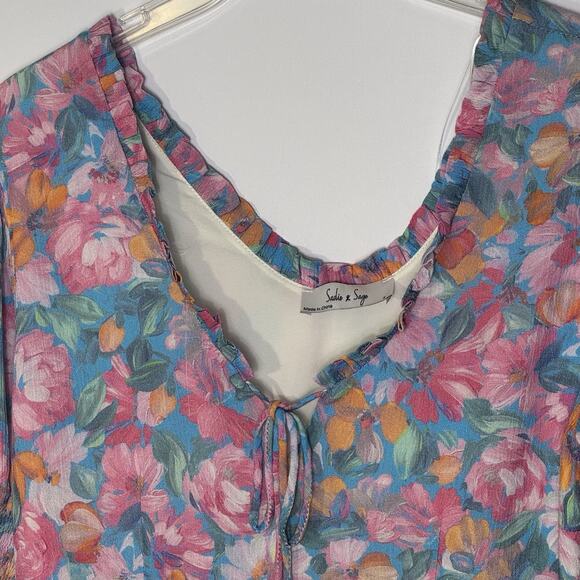 Sadie & Sage Women’s Floral Mini Dress Size Small Pink Blue Puff Sleeve Boho - Picture 4 of 4